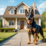 "Family-friendly guard dog guarding a front yard with green lawn"
