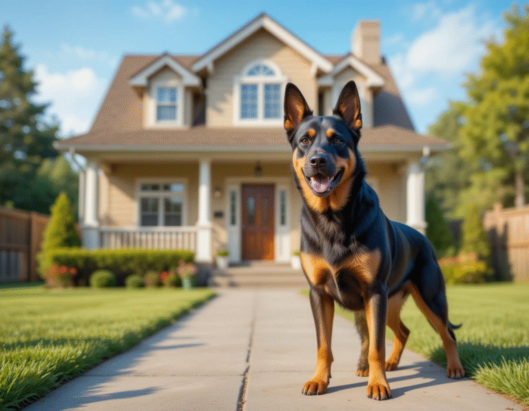 "Family-friendly guard dog guarding a front yard with green lawn"