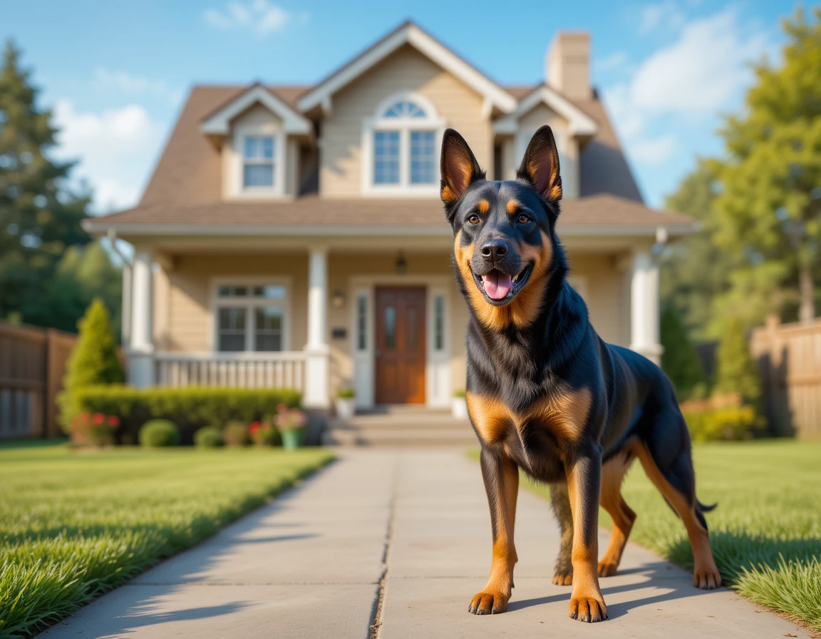 "Family-friendly guard dog guarding a front yard with green lawn"